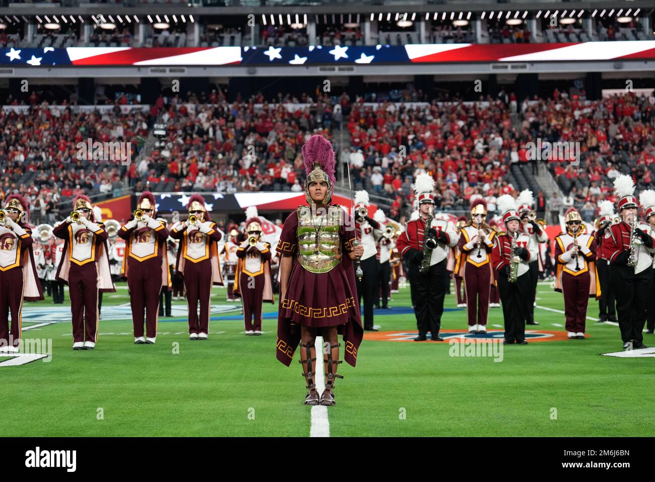 Southern California Trojans mascot Tommy Trojan with Spirit of Troy Marching band during the Pac-12 Championship at Allegiant Stadium. Utah defeated U Stock Photo