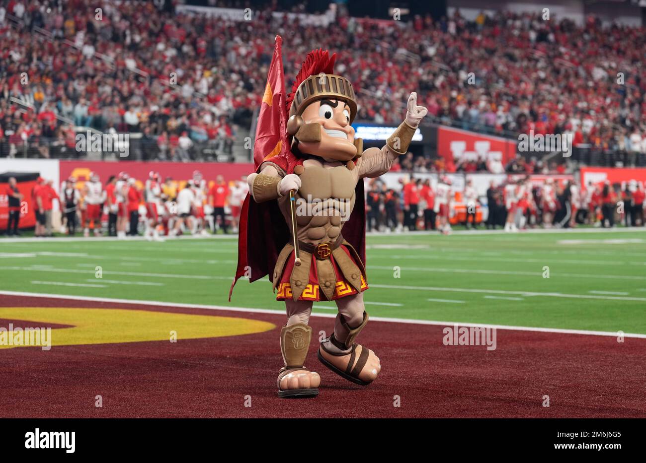 Southern California Trojans mascot Tommy Trojan celebrates in the end zone against the Utah Utes during the Pac-12 Championship at Allegiant Stadium. Stock Photo