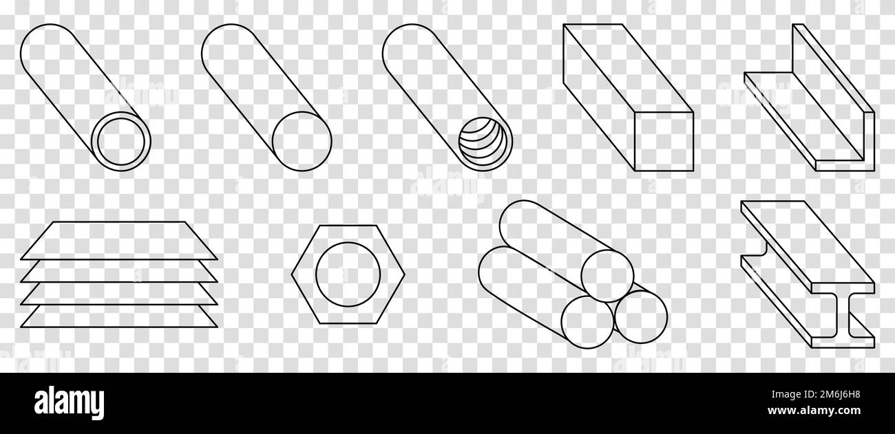 Metal products icons. Fabrication of metal raw materials, parts, linear icon collection. Vector illustration isolated on transparent background Stock Vector