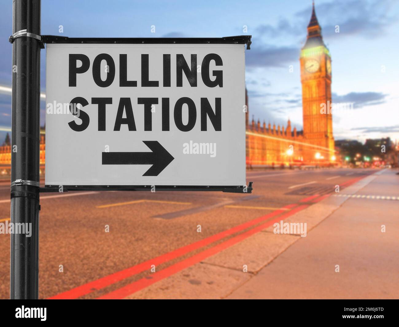 Polling station sign over blurred parliament background Stock Photo - Alamy