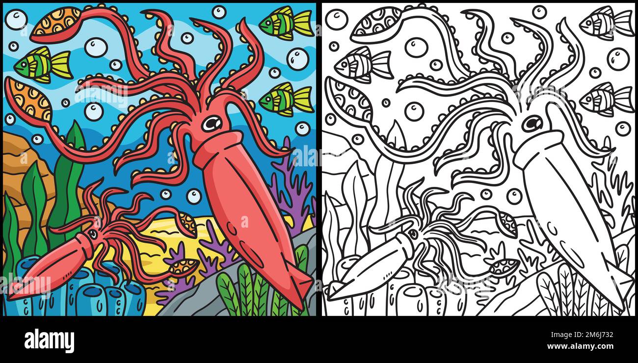 Giant Squid Coloring Page Colored Illustration Stock Vector Image & Art