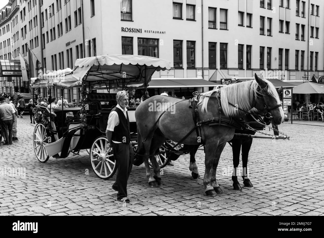 A A monochrome image of a horse and carriage with owner waiting for customers on cobbled street in Dresden, Saxony, Germany Stock Photo
