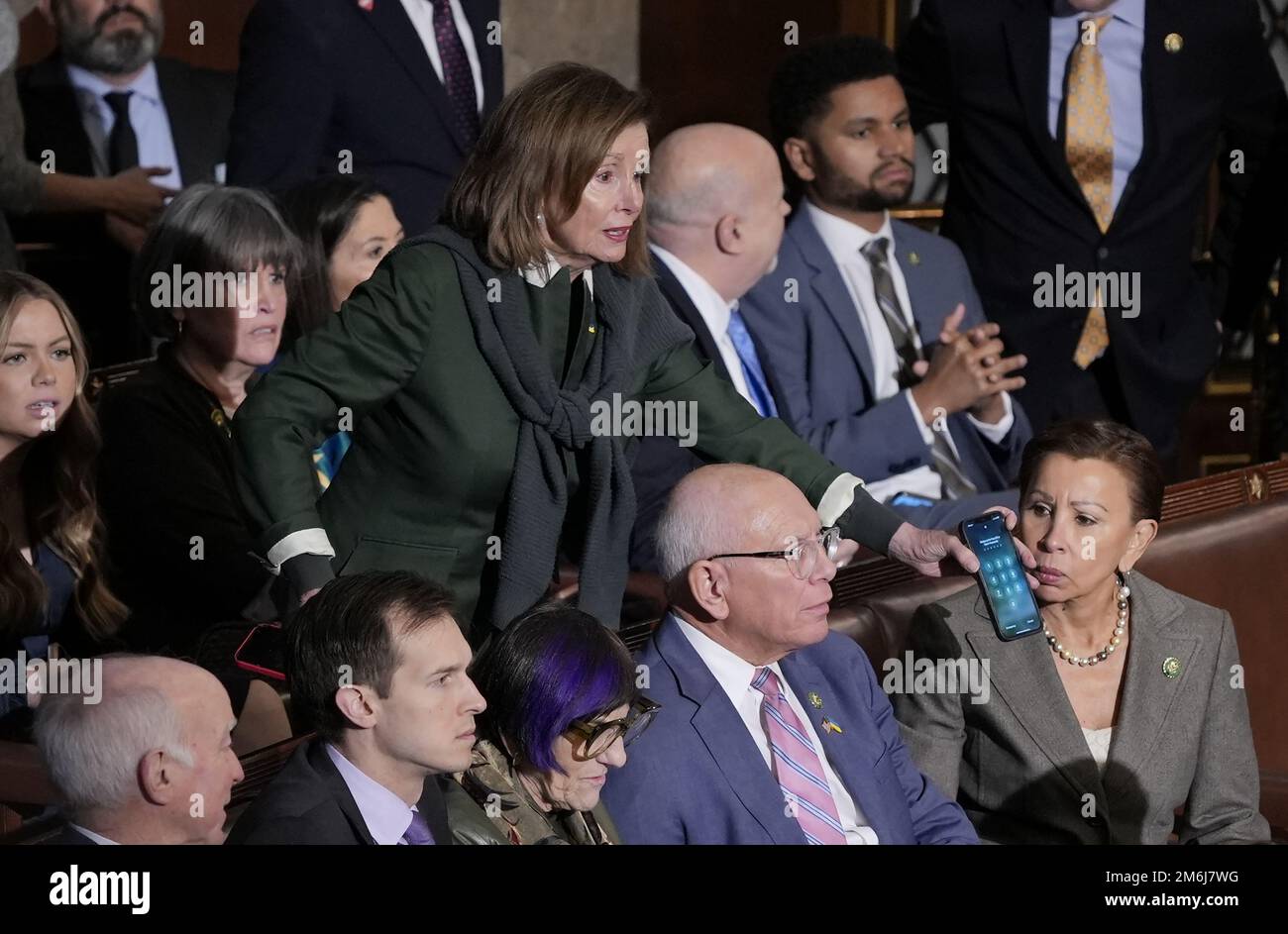 Washington, United States. 04th Jan, 2023. Democratic leader Nancy Pelosi, D-CA, (C) speaks to members as voting for Speaker of the House continues at the U.S. Capitol in Washington, DC on Wednesday, January 4, 2023. Photo by Ken Cedeno/UPI Credit: UPI/Alamy Live News Stock Photo