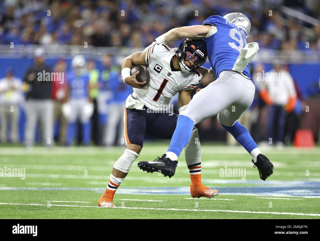 Detroit Lions defensive end Aidan Hutchinson (97) pursues a play against  the Detroit Lions against the Buffalo Bills during an NFL football game,  Thursday, Nov. 24, 2022, in Detroit. (AP Photo/Rick Osentoski