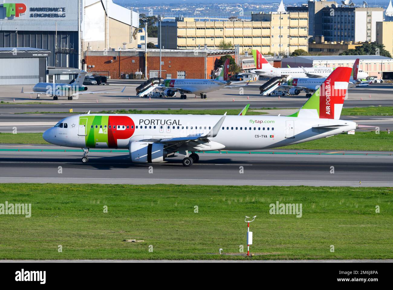 TAP Air Portugal Airbus A320neo aircraft landing. Airplane A320 NEO of portuguese airline TAP Portugal arriving at Lisbon Airport. Stock Photo