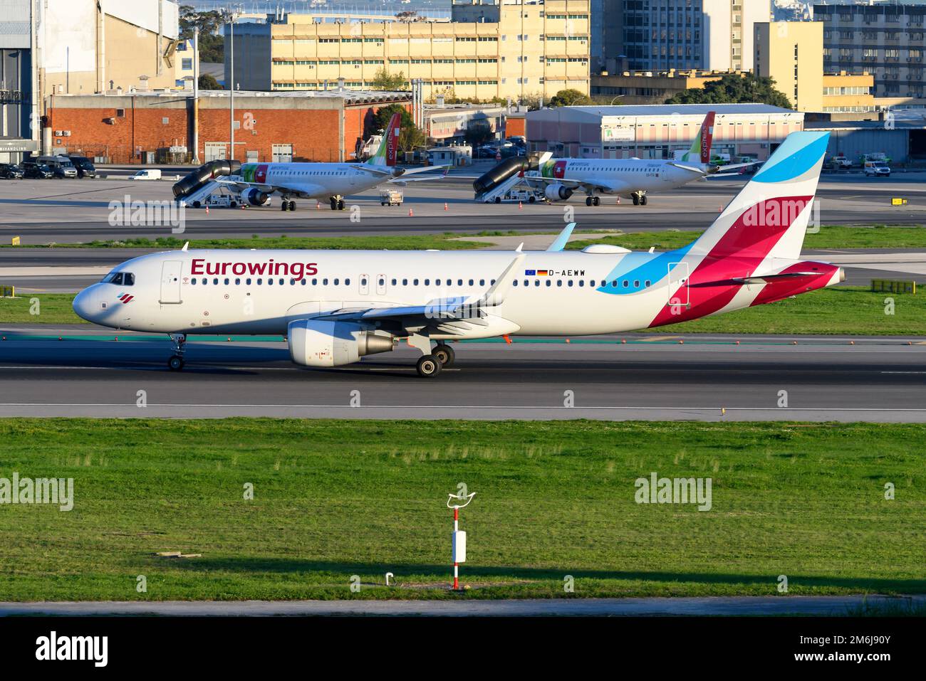 Eurowings Airbus A320 airplane landing. Aircraft A320 of EuroWings airline. Plane registered as D-AEWW. Stock Photo