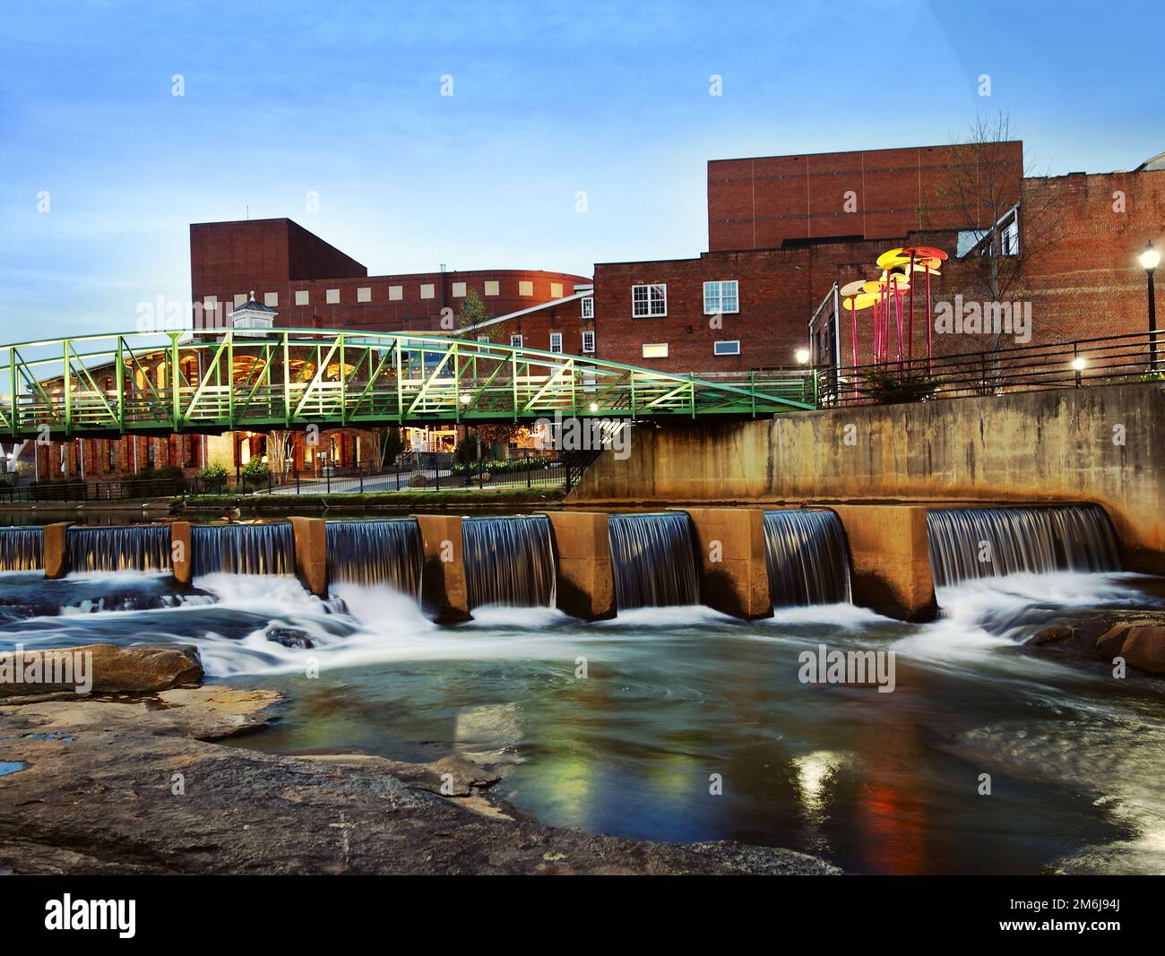The Eugenia Duke bridge over the Reedy River in picturesque downtown Greenville South Carolina Stock Photo