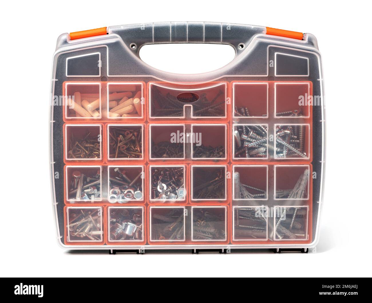 Red tool box with square compartments with screws and dowels Stock Photo