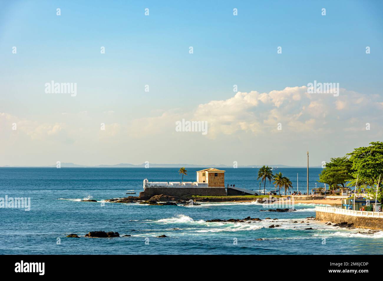Scenic view of the old colonial Portuguese Fort Santa Maria in Barra beach, Salvador, Brazil Stock Photo