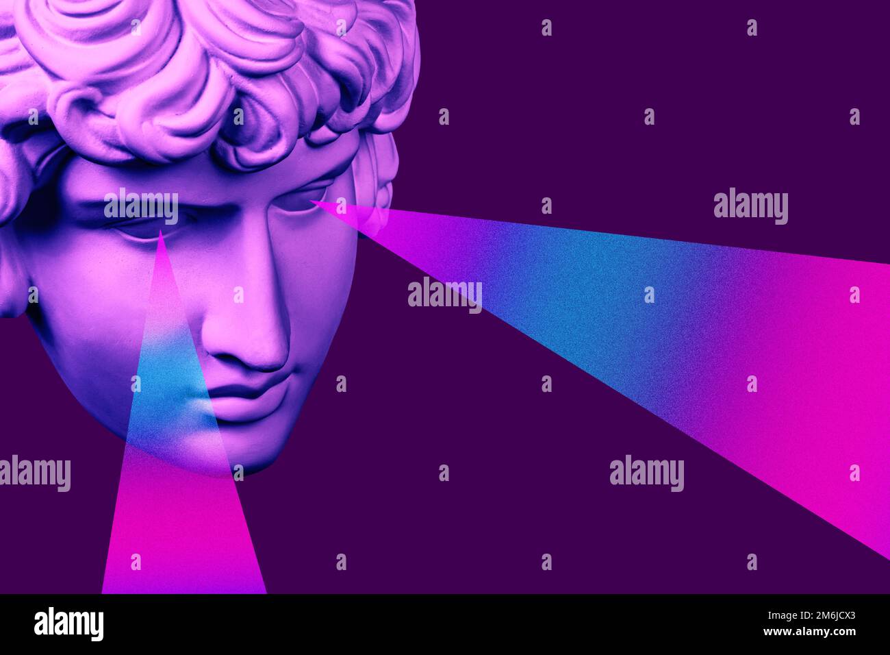 Collage with antique sculpture of human face in pop art style. Modern