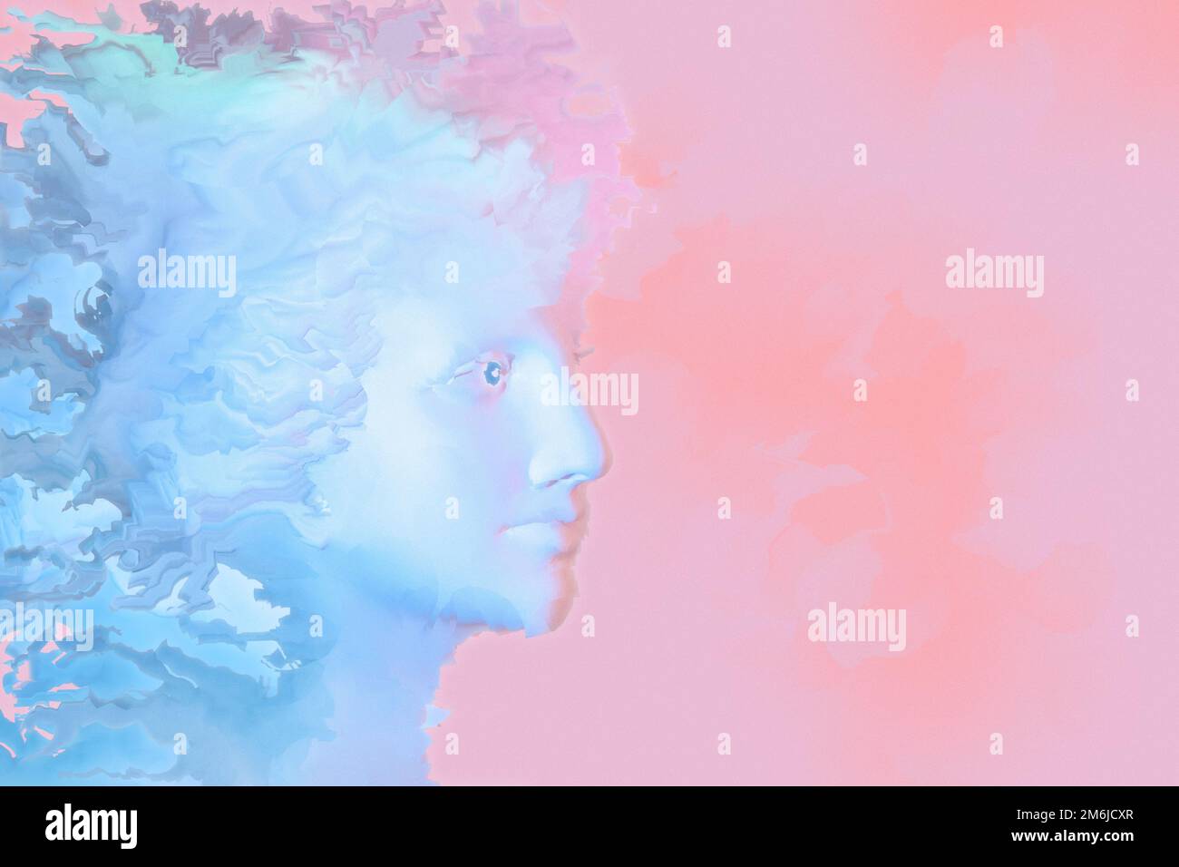 Collage with plaster antique sculpture of human face in a surreal style. Modern creative concept image with ancient statue head. Stock Photo