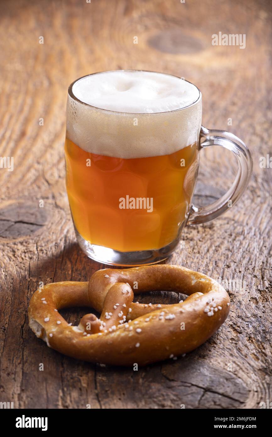 Bavarian beer and a pretzel Stock Photo