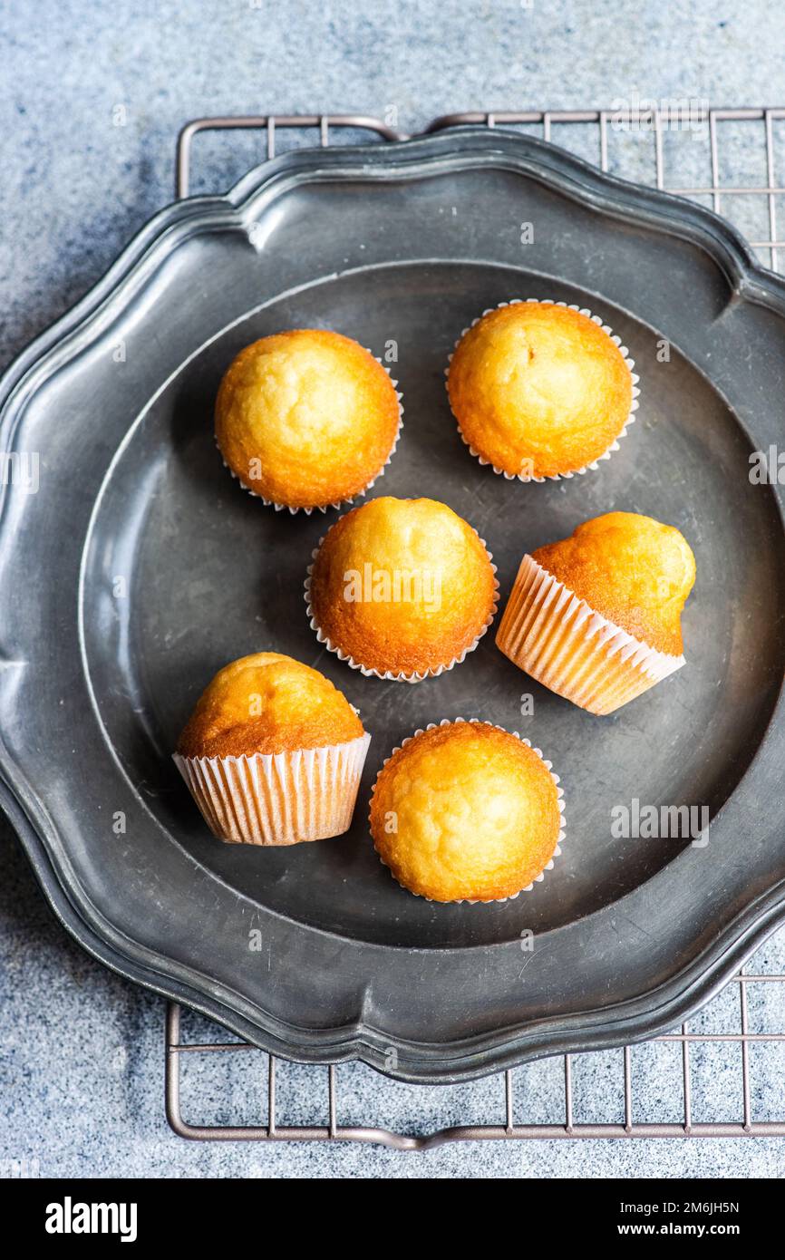 Mini vanilla cupcakes on concrete background Stock Photo