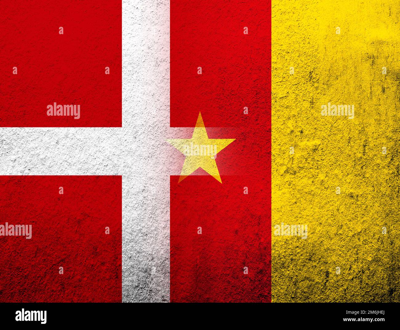 The Kingdom of Denmark National flag with The Republic of Cameroon National flag. Grunge Background Stock Photo