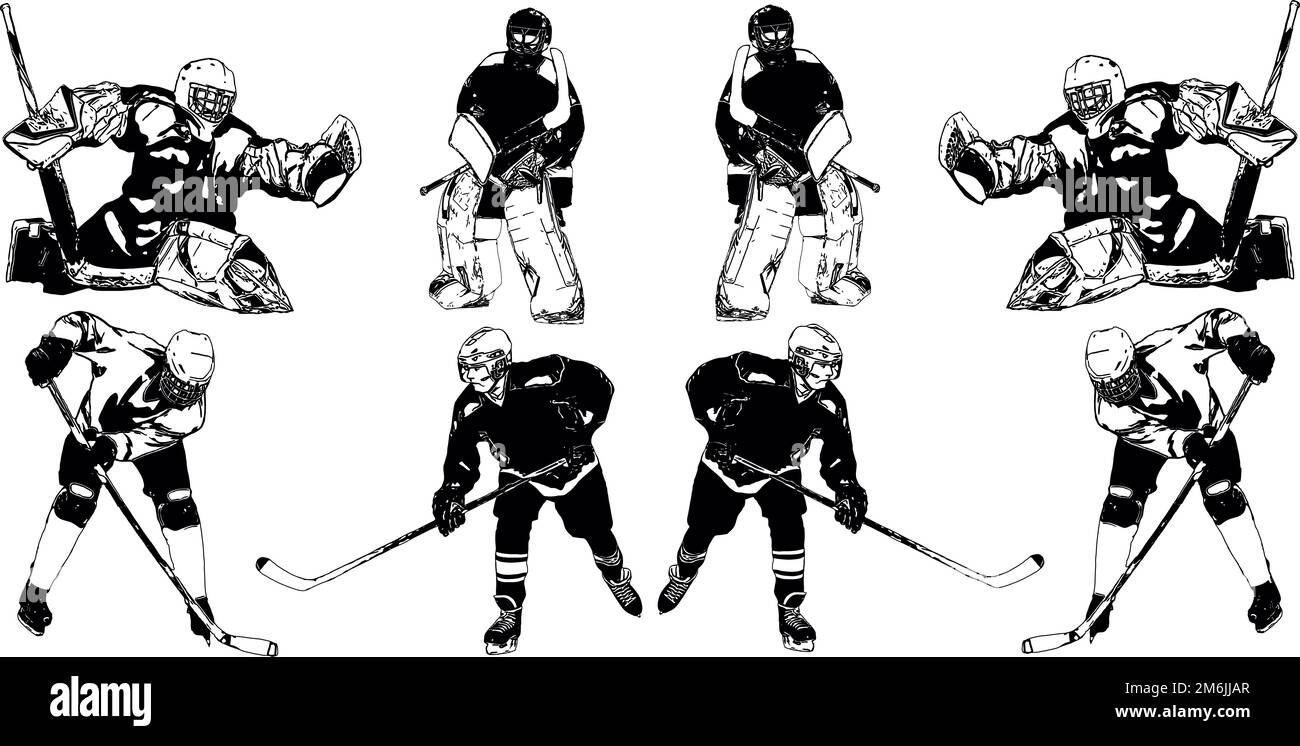 A selection of black and white vector images of players of the hockey