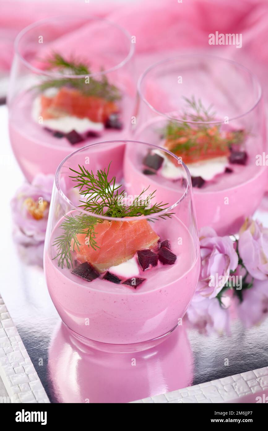Beetroot and horseradish mousse with salmon Stock Photo Alamy