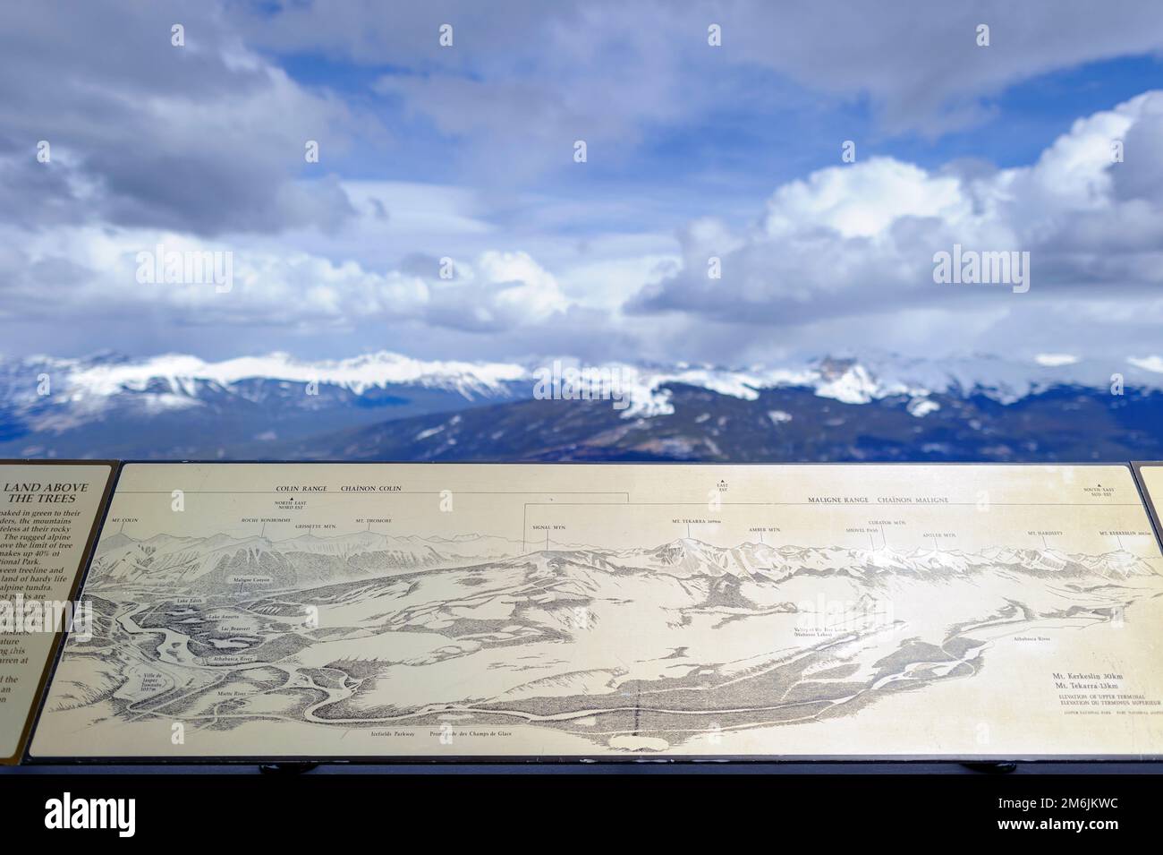 A tourist information panel describing the different mountain ranges from the top of The Whistlers Mountain, Jasper Tramway. Alberta Canada Stock Photo