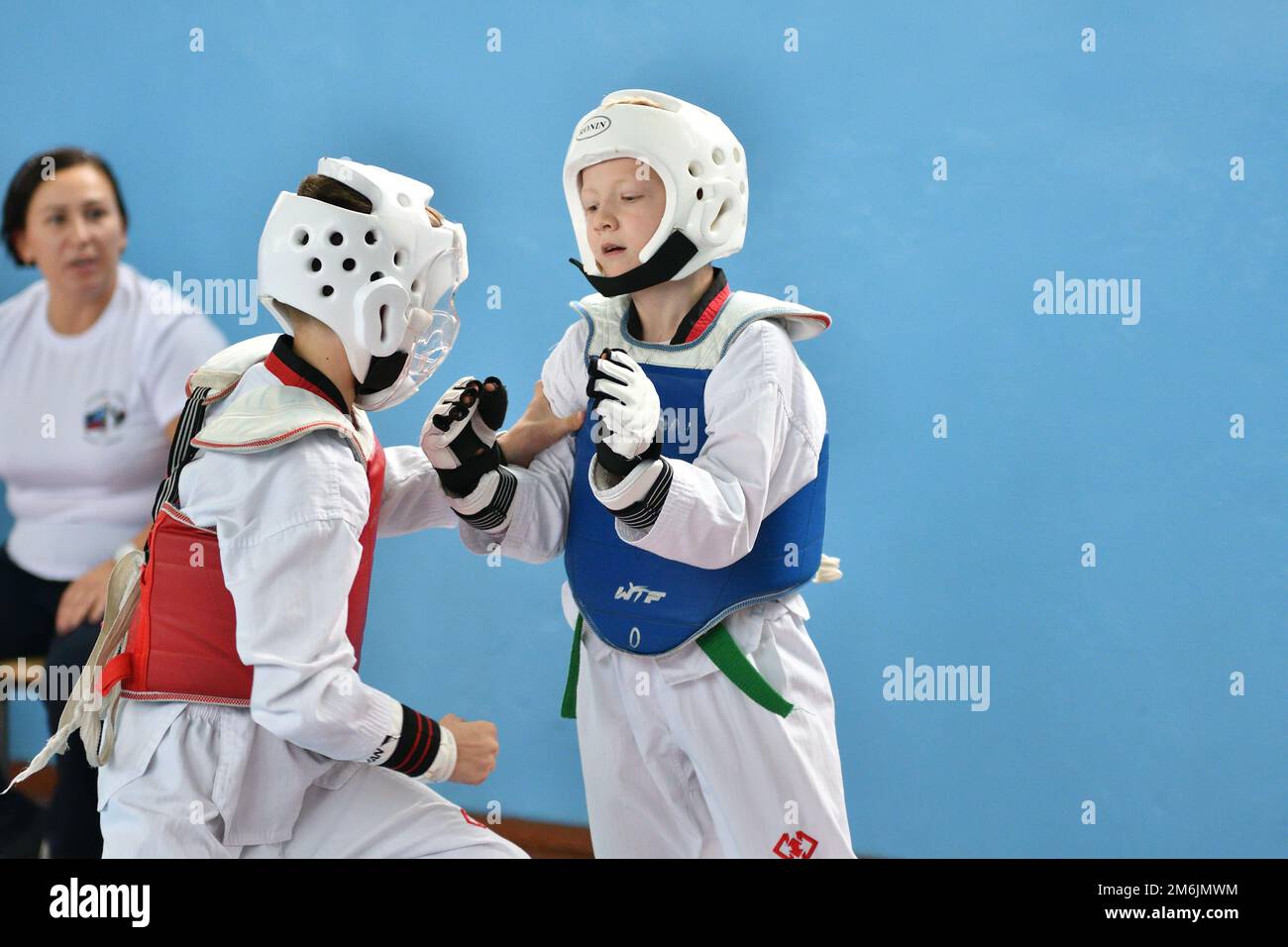 Orenburg, Russia - October 19, 2019: Boy compete in taekwondo (Korean martial arts) at Orenburg Open Stock Photo