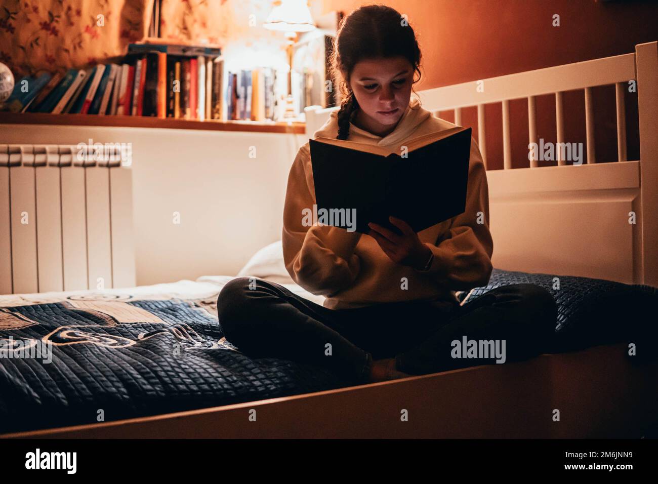 woman reading a book lying in bed at night Stock Photo Alamy
