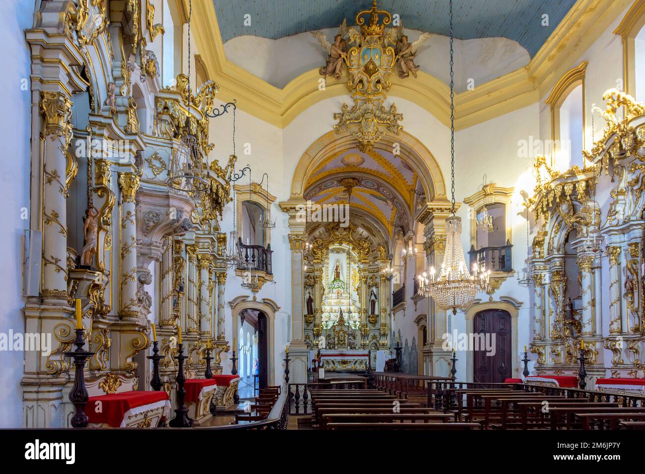 Interior of richly decorated historic Brazilian baroque church Stock Photo