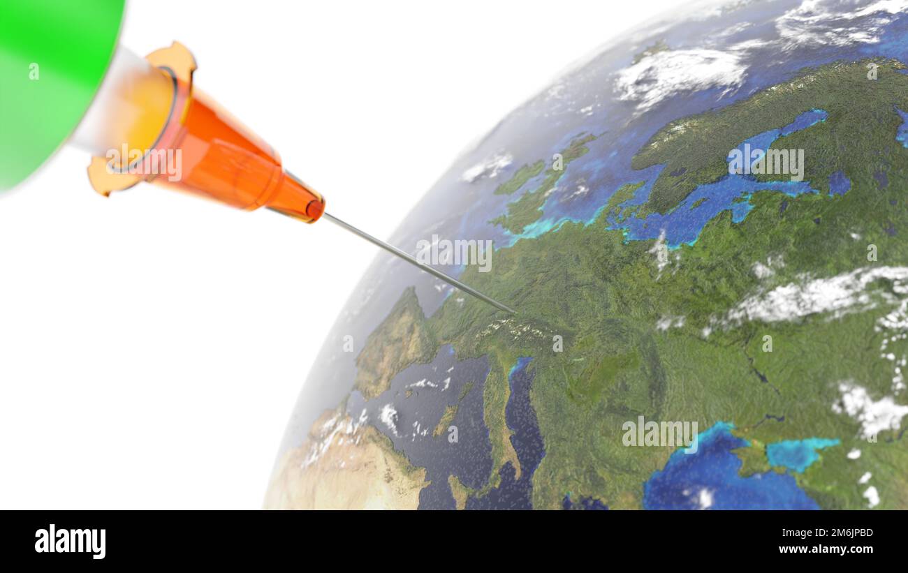 Medical syringe with a needle vaccinated the Earth. 3D rendering