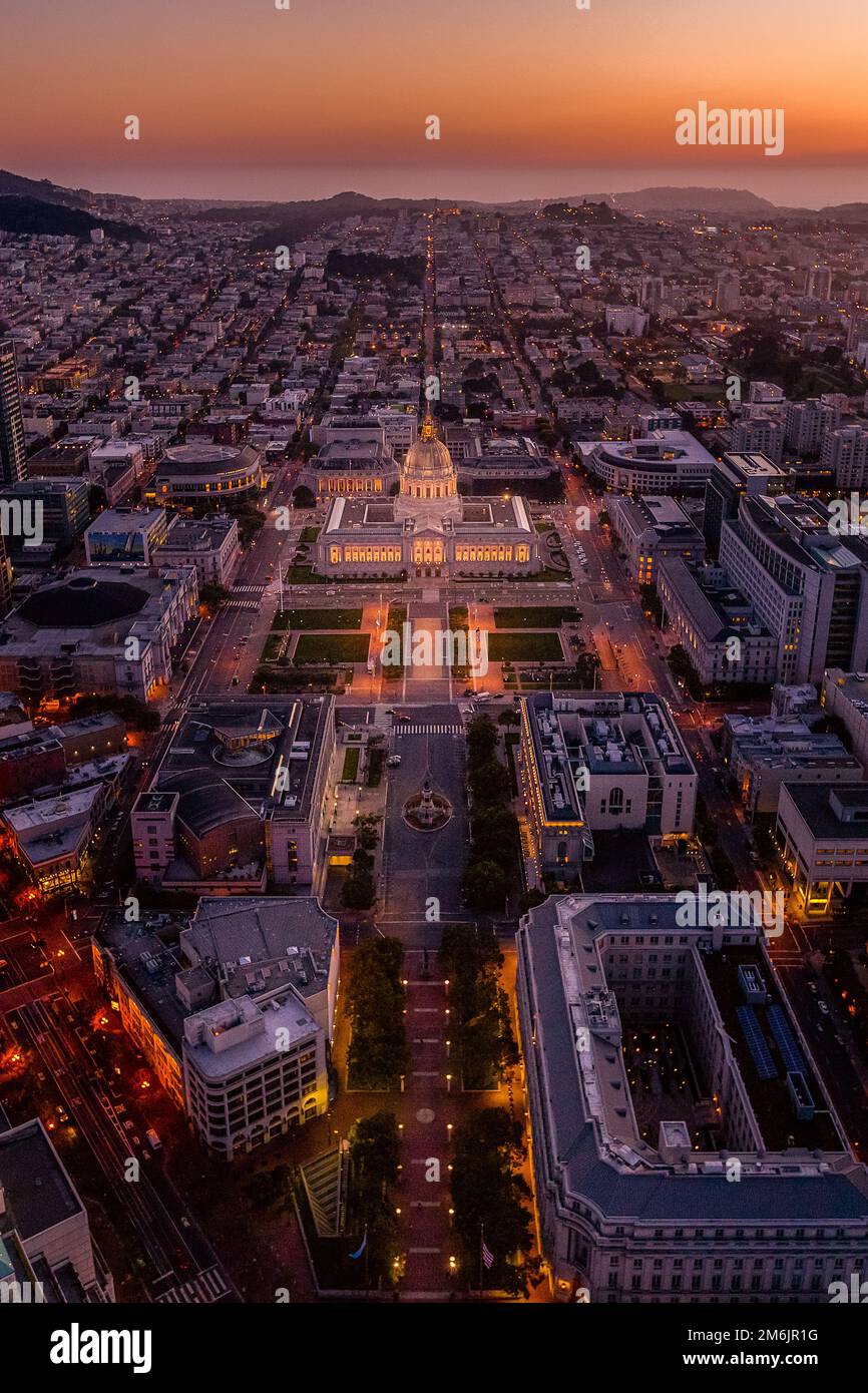 San Francisco City Hall After Sunset Aerial Photography Night Stock Photo