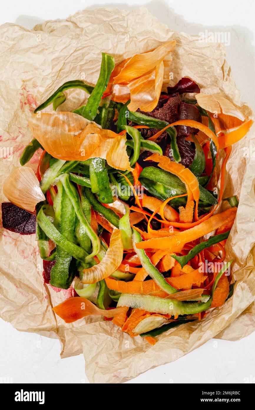 Vegetable peelings on crumpled wrapping paper Stock Photo Alamy