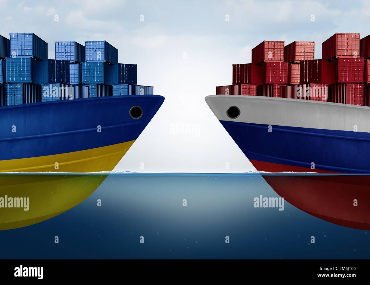 Ukraine Russia Trade as two opposing cargo ships from Ukrainian and Russian ports as an economic dispute over commodity imports and exports concept Stock Photo