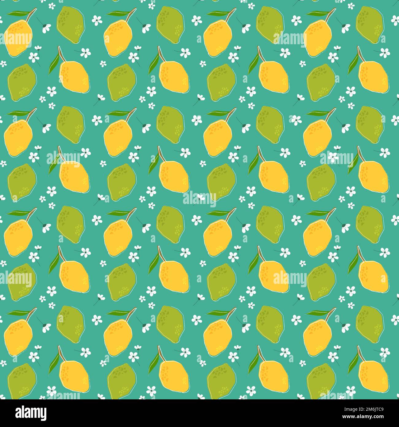 Yellow lemons and green limes. Seamless pattern on a blue background