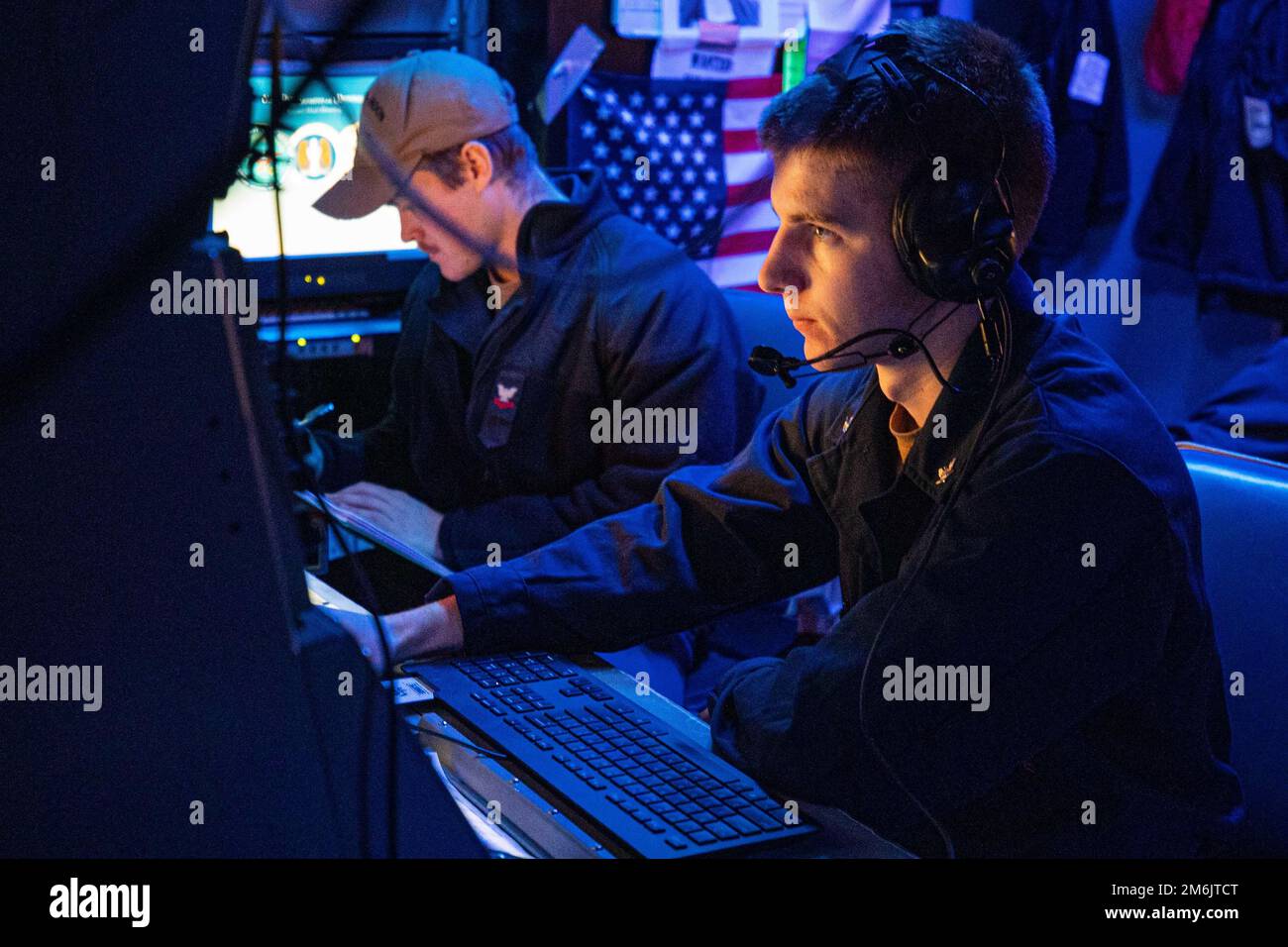 Philippine Sea. 4th Jan, 2023. Jan 4, 2023 - Philippine Sea - Cryptologic Technician (Technical) 3rd Class Levi Lindsey monitors signals of interest aboard the Arleigh Burke-class guided-missile destroyer USS Chung-Hoon (DDG 93). Chung-Hoon, part of the Nimitz Carrier Strike Group, is currently underway in the U.S. 7th Fleet conducting routine operations. 7th Fleet is the U.S. Navy's largest forward-deployed numbered fleet, and routinely interacts and operates with 35 maritime nations in preserving a free and open Indo-Pacific region. (photo by Andre Richard) (Credit Image: © U.S. Navy/ZUM Stock Photo