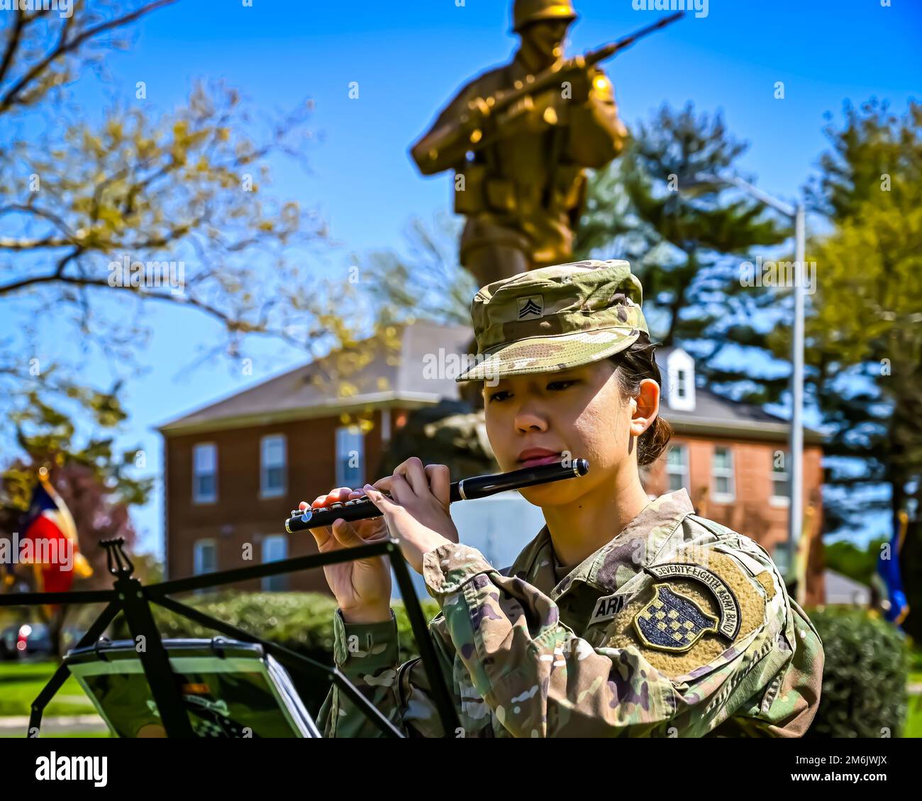 U.S. Army Soldier assigned to the 78th Army Band performs during a ...