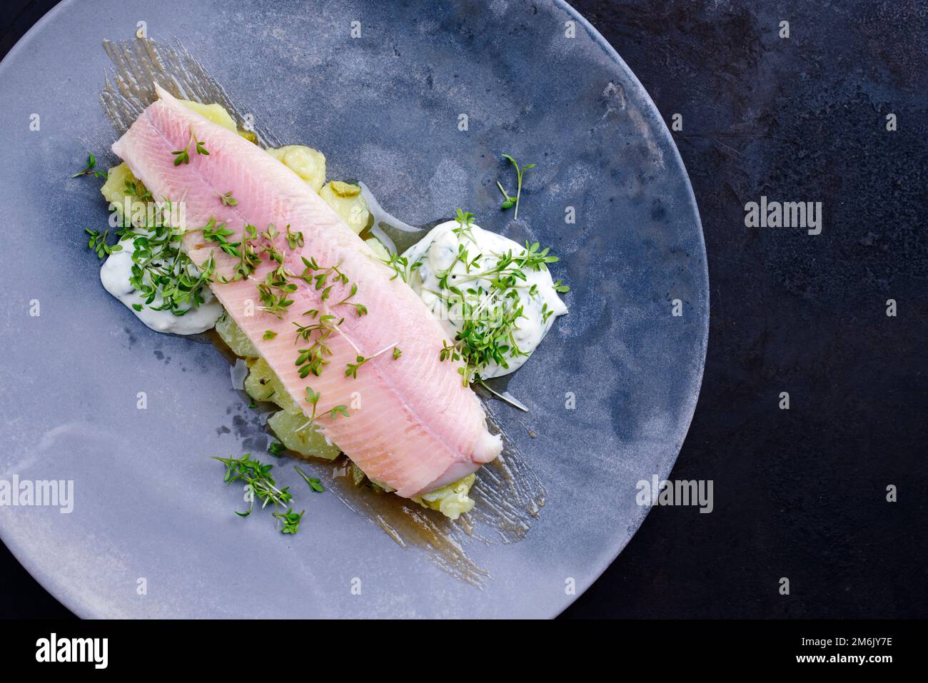 Modern style traditional smoked rainbow trout with boiled potato salad