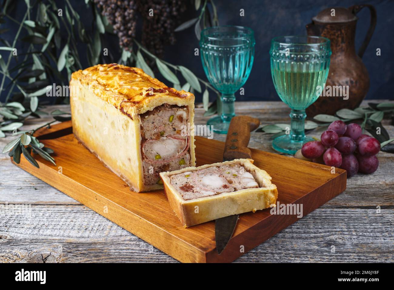 Traditional French Pate en croute with rabbit meat and pork filet