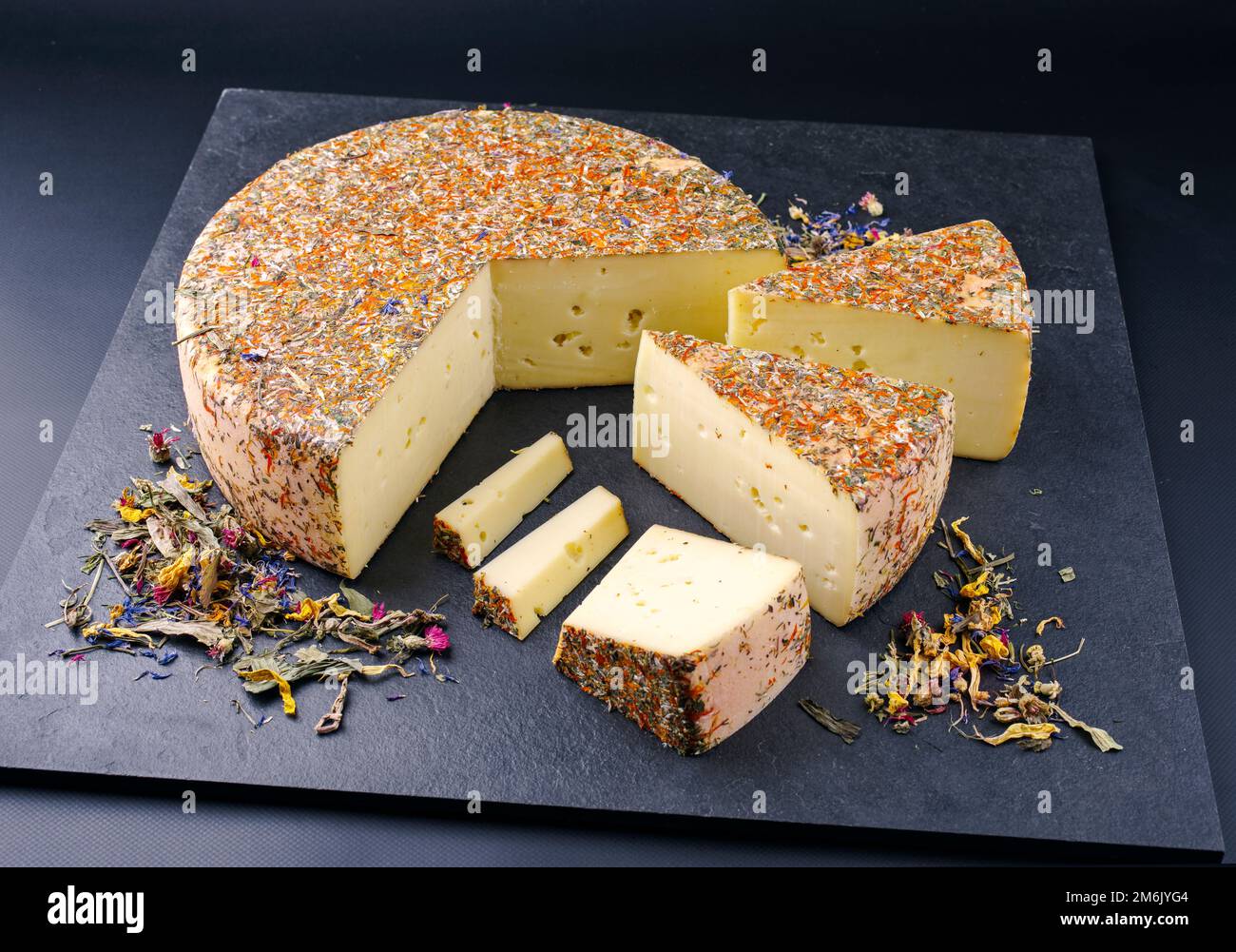 Traditional aged hay flower mountain cheese loaf of the Alps offered as