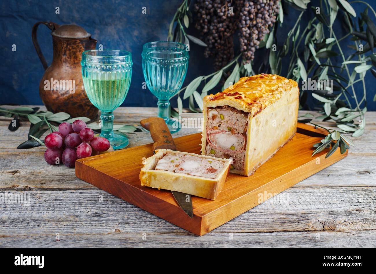 Traditional French Pate en croute with rabbit meat and pork filet