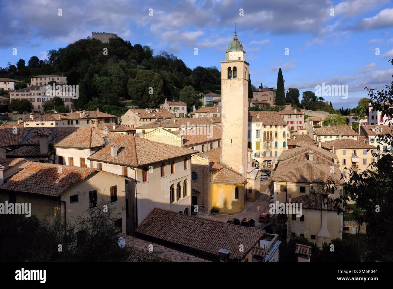Asolo: Bell tower of cathedral (duomo), castle and town of Asolo, Treviso, Veneto, Italy Stock Photo