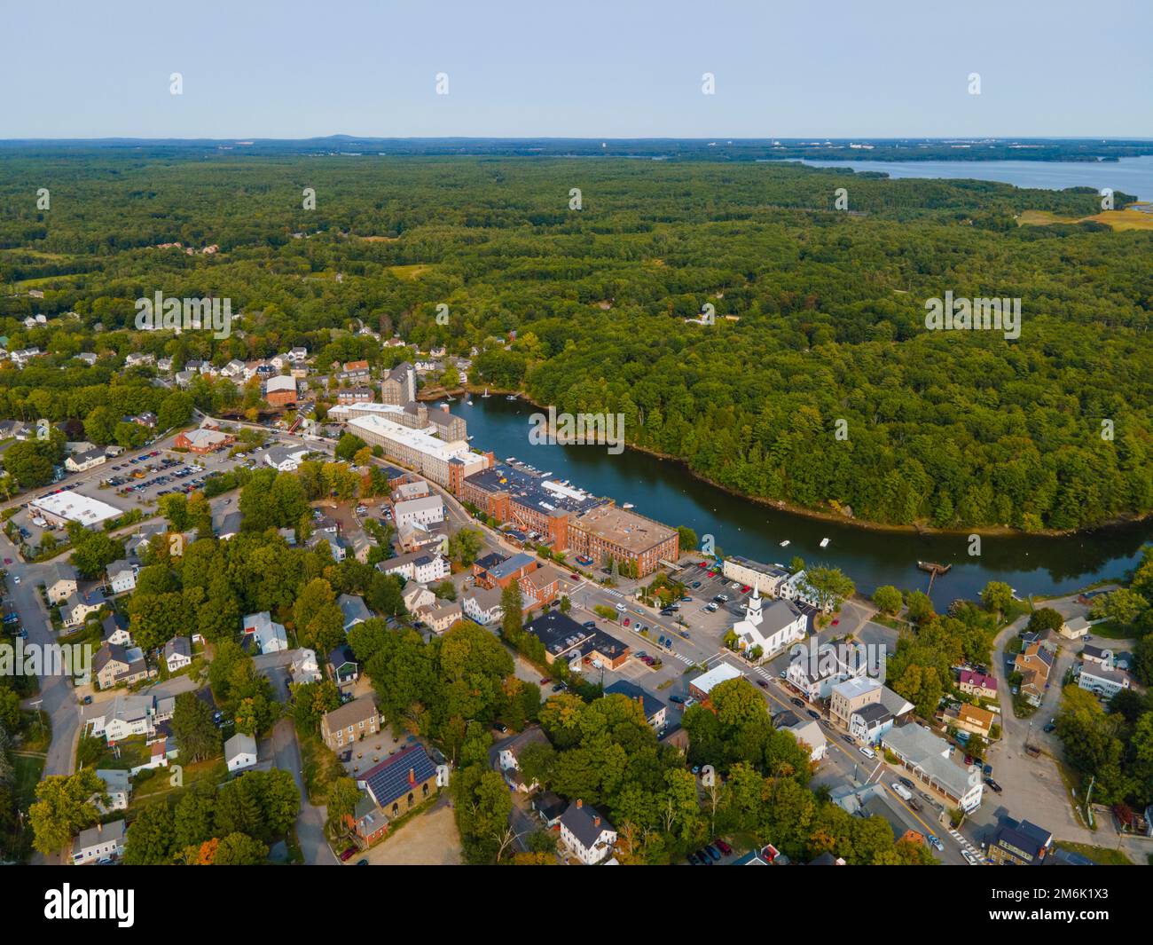 Newmarket Mills building aerial view on Lamprey River on Main Street in