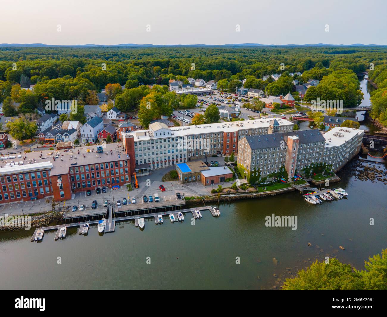 Newmarket Mills building aerial view on Lamprey River on Main Street in