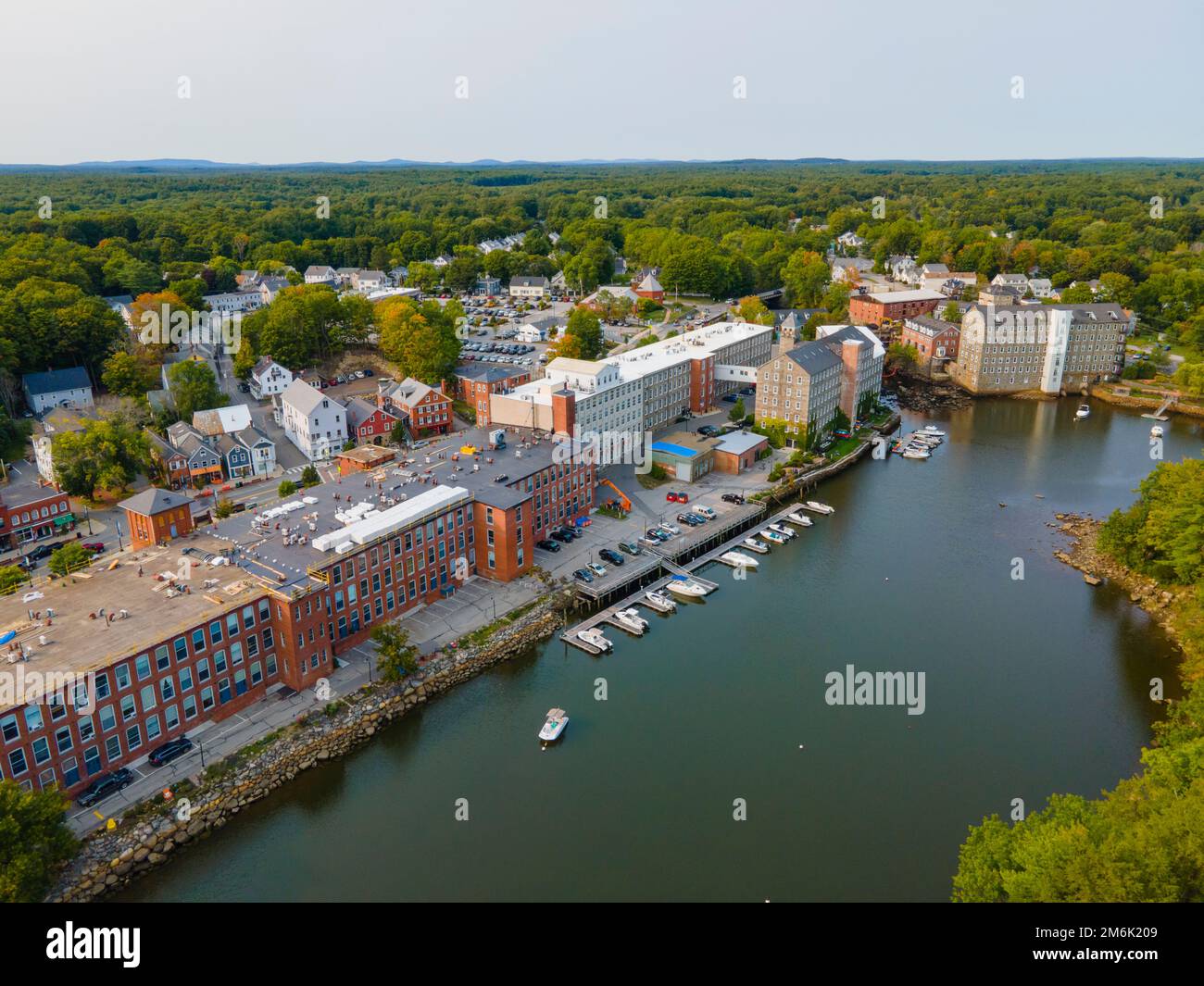 Newmarket Mills building aerial view on Lamprey River on Main Street in