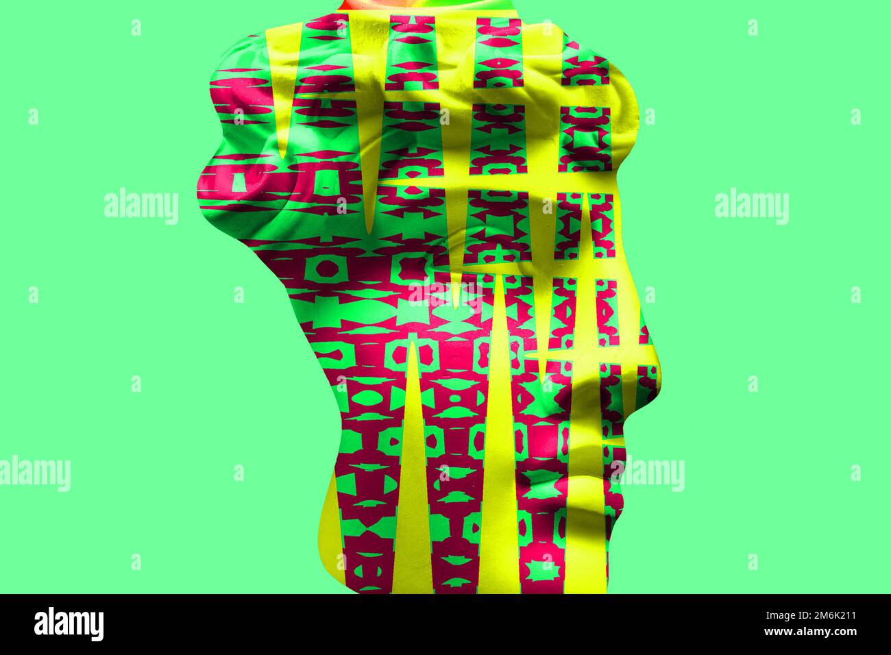 Collage with antique sculpture of human face in pop art style. Modern creative concept image with ancient statue head. Zine cult Stock Photo