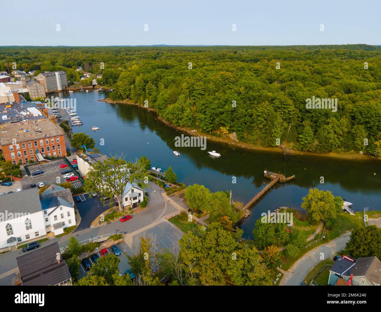 Newmarket Mills building aerial view on Lamprey River on Main Street in historic town center of