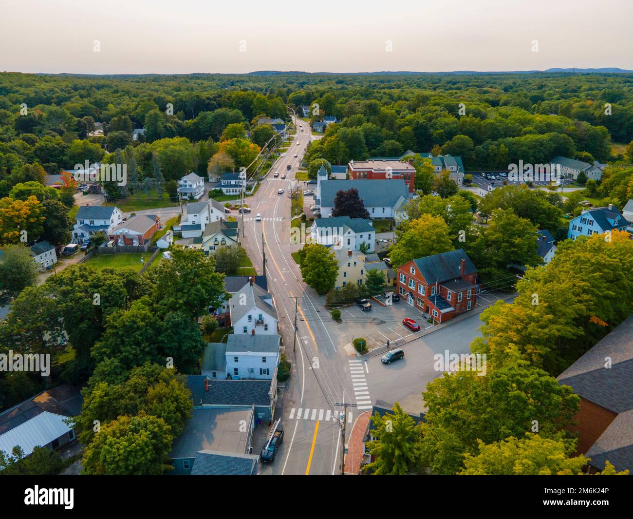 Historic commercial building aerial view on Main Street in historic