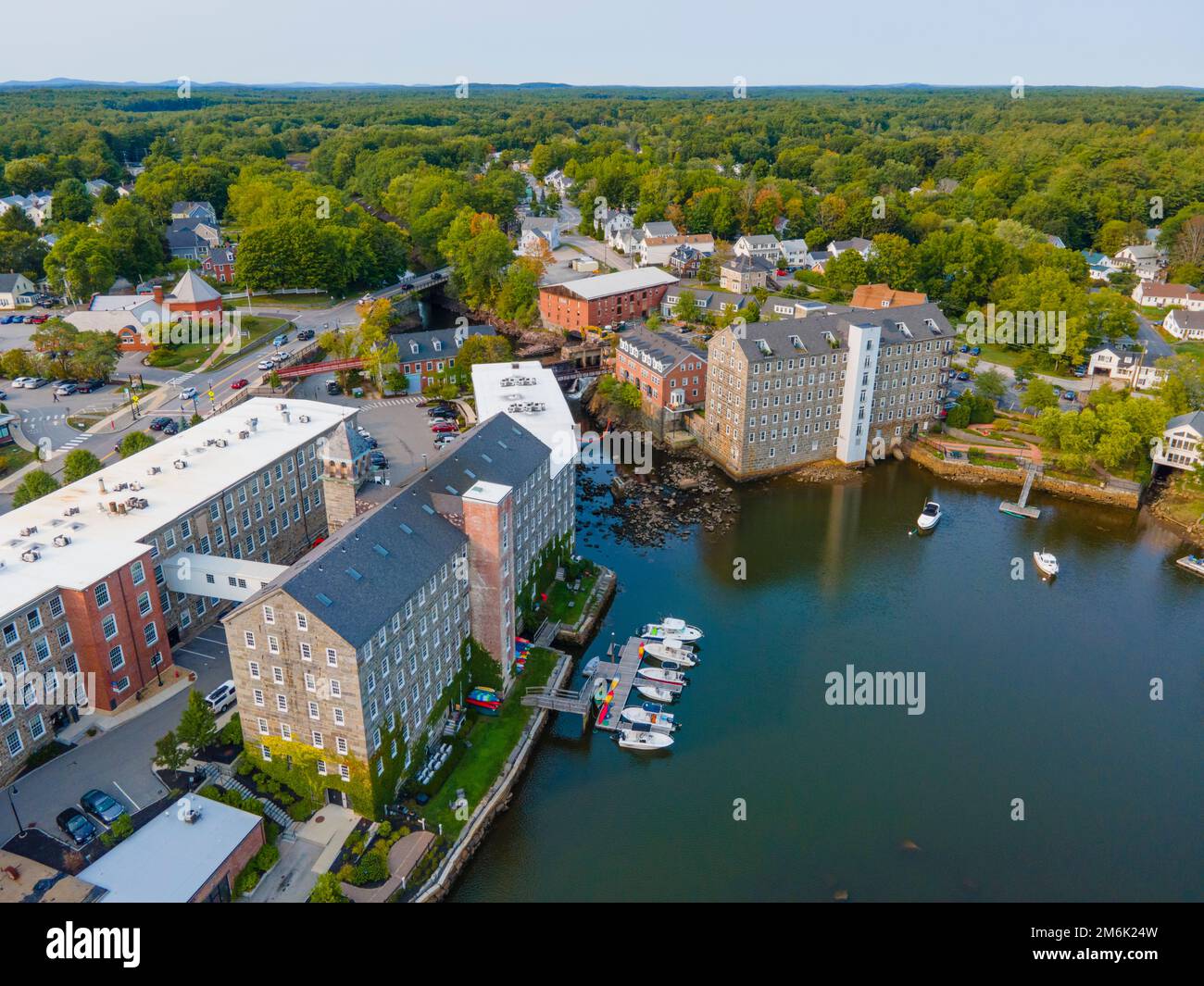 Newmarket Mills building aerial view on Lamprey River on Main Street in