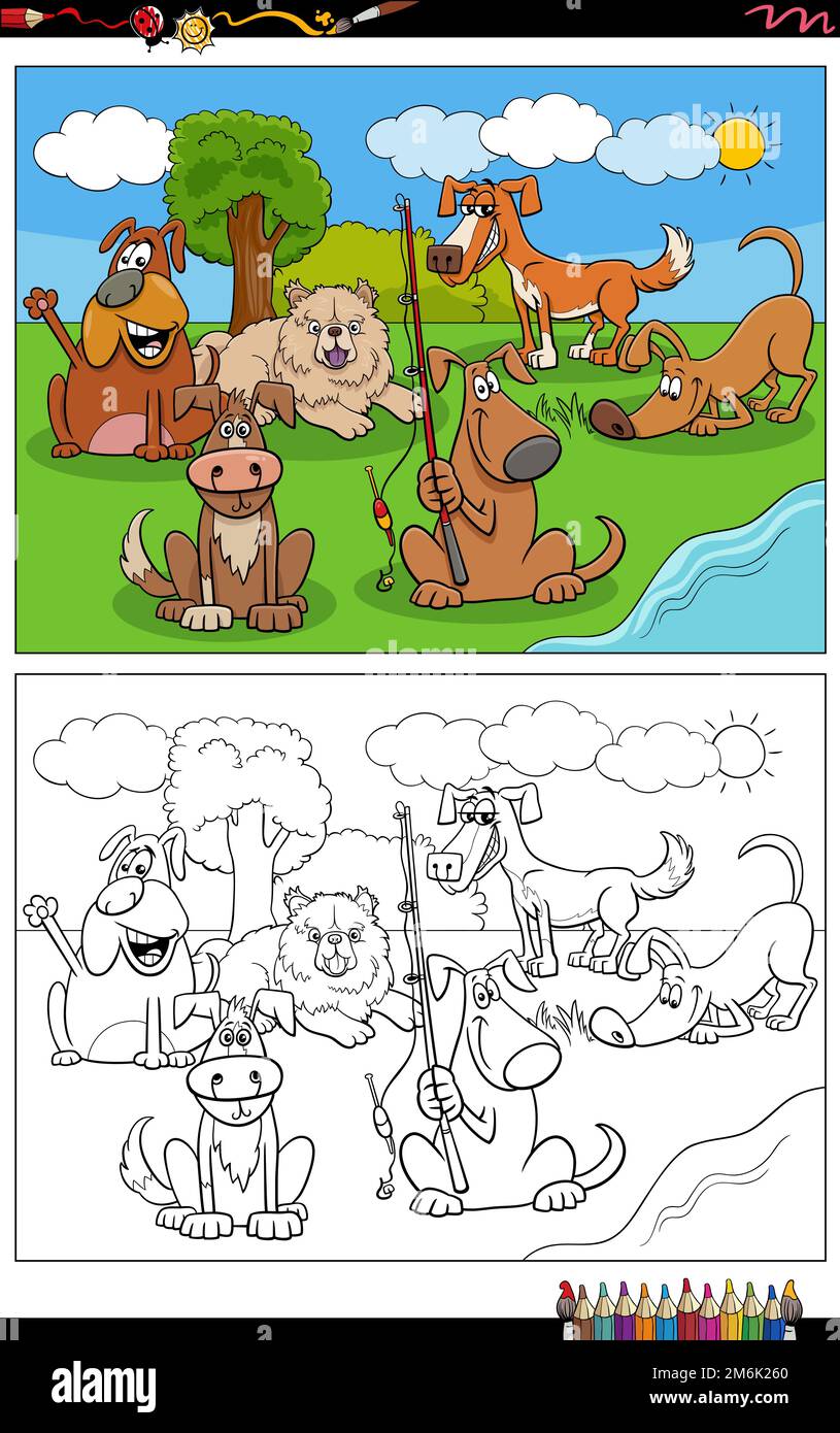 Cartoon dogs animal characters group coloring book page Stock Photo - Alamy