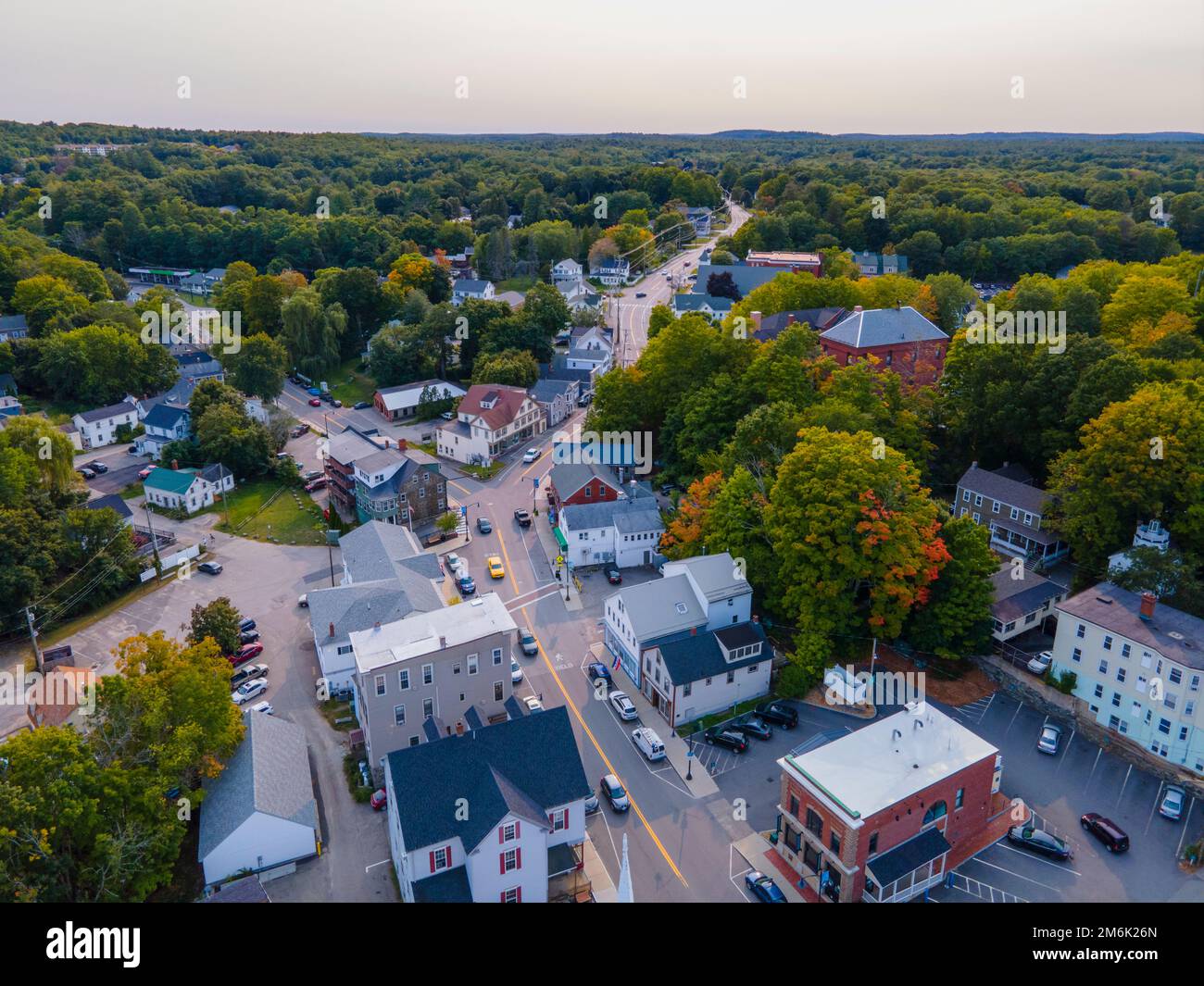 Historic commercial building aerial view on Main Street in historic