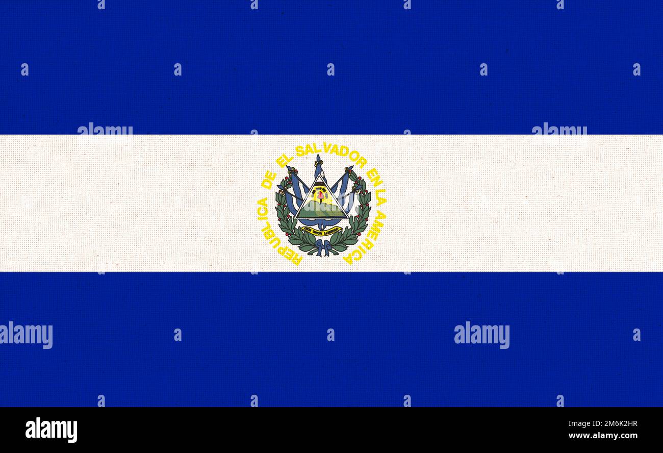 Flag of El Salvador. Salvadoran flag on fabric surface. Fabric Texture. National symbol Stock Photo