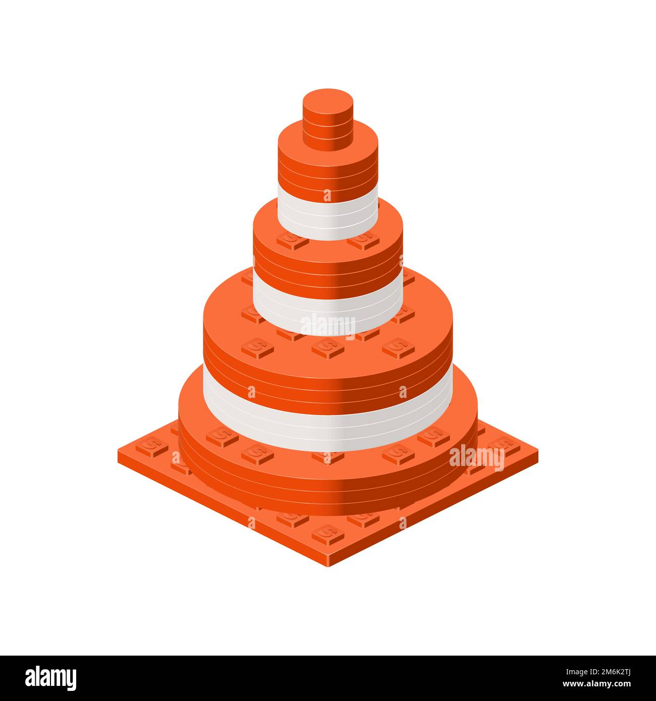 Bright Traffic Cone Made Up Of Plastic Blocks On A White Background In Isometric Style For Print