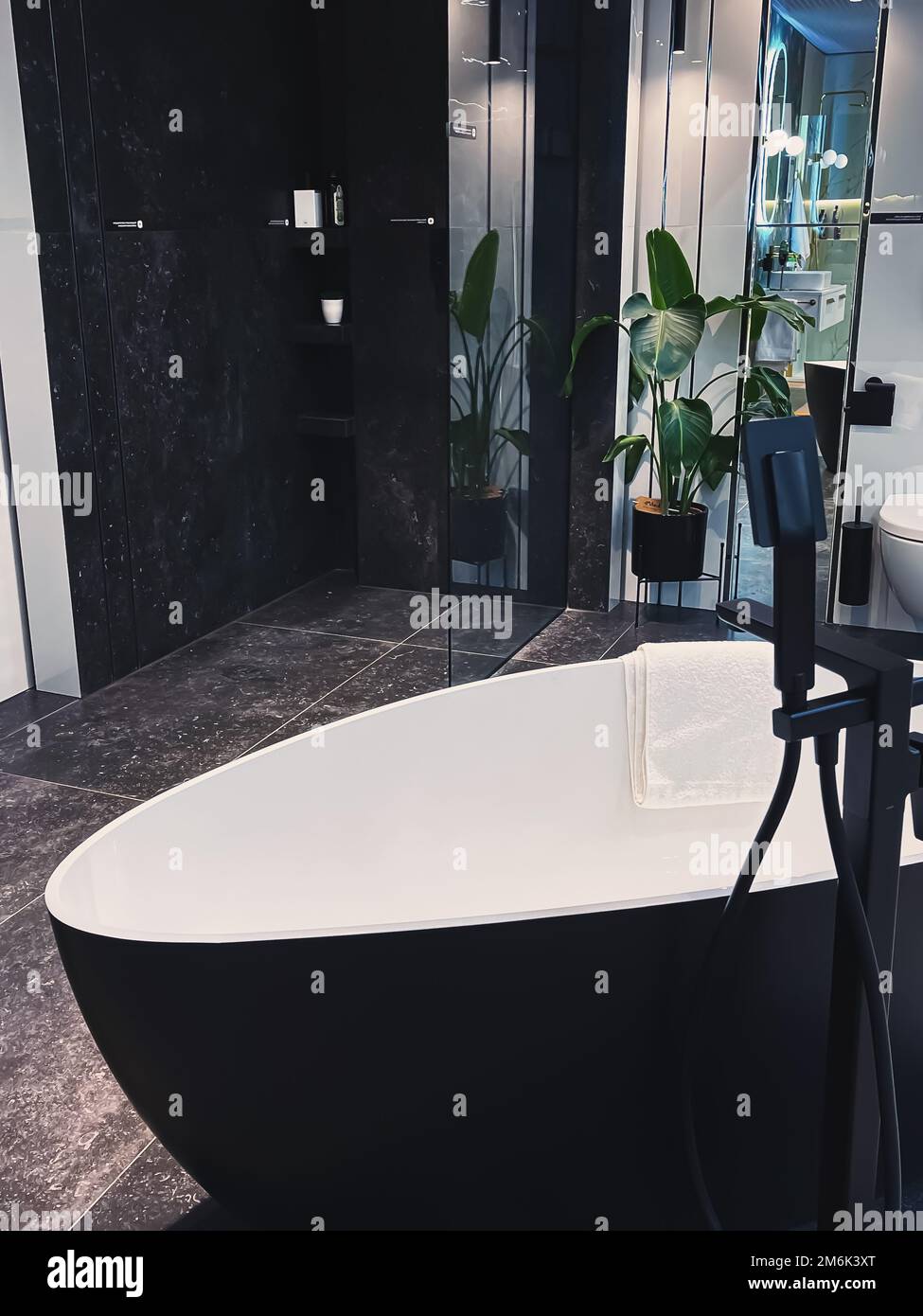 Picture of Modern bathroom interior, eco-friendly furniture decor made of organic ...