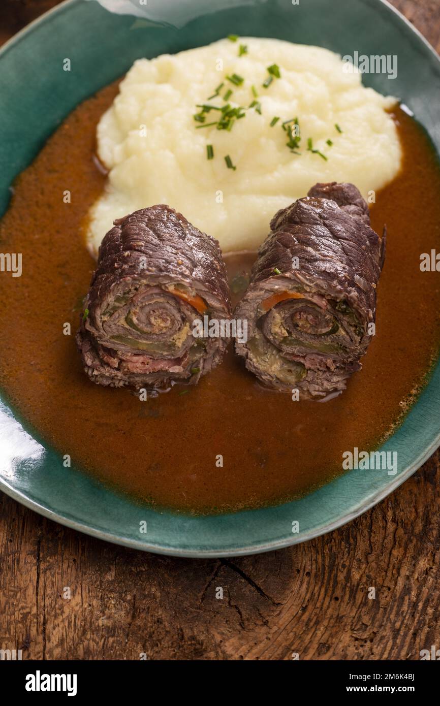 Meat roulades with mashed potatoes Stock Photo