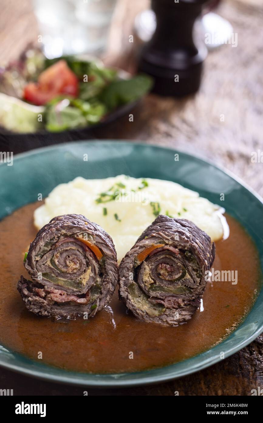 Meat roulades with mashed potatoes Stock Photo